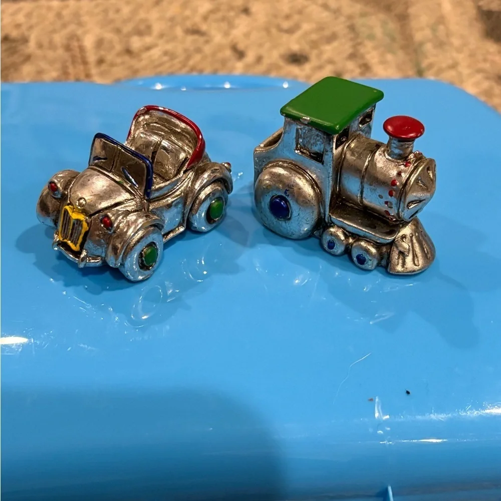 Vintage Christmas Ornaments Little 2” Convertible Car & Train Made of Metal